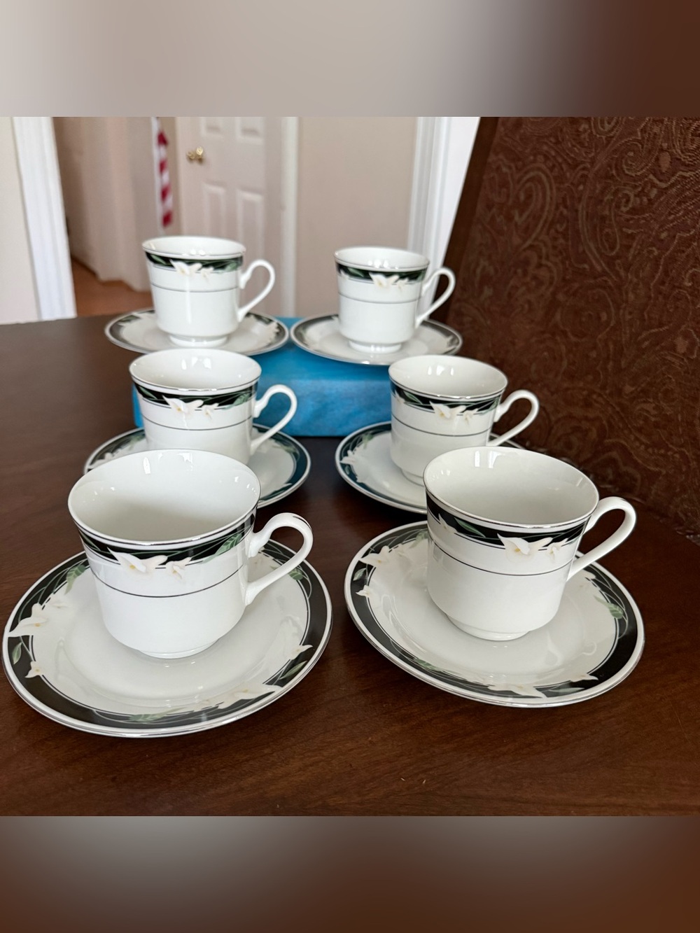 Vintage Sango China Majesty Collection Black Fantasy Cup & Saucer - Set of 6